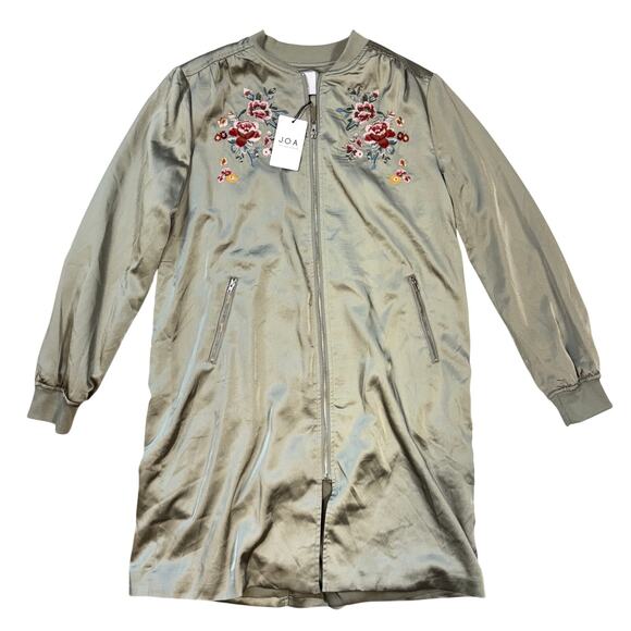 Floral Embroidered Satin Long Line Bomber Jacket Duster Coat Women's S - Picture 1 of 8